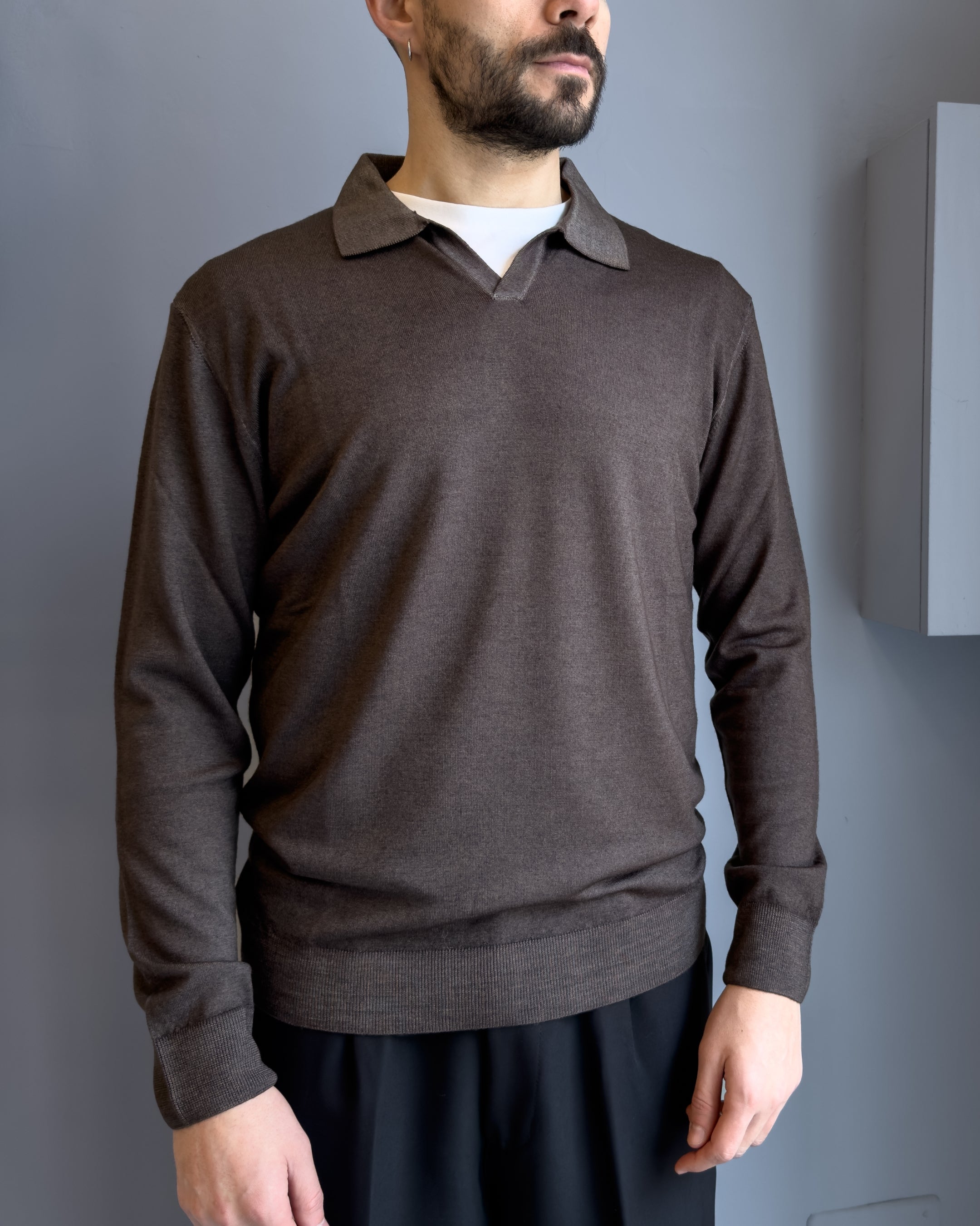 Polo Derby lana merinos acidata vestibilità regular MORO