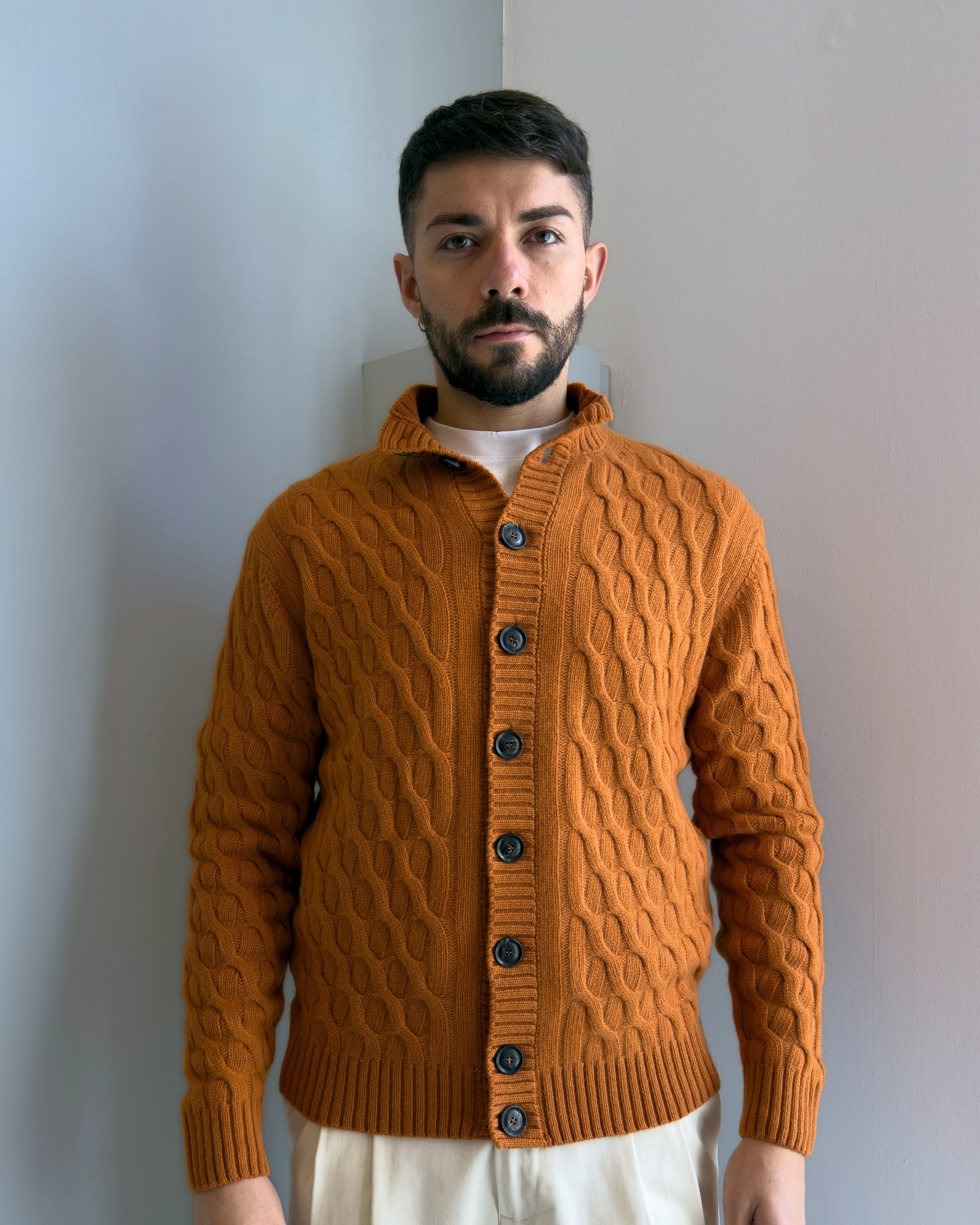 Cardigan  Boras a trecce con collo alta lana & cashmere vestbilità regular ARANCIO