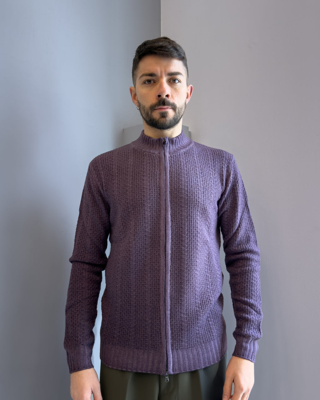Cardigan Linz in lana merinos  con cerniera vestibilità regular VIOLA