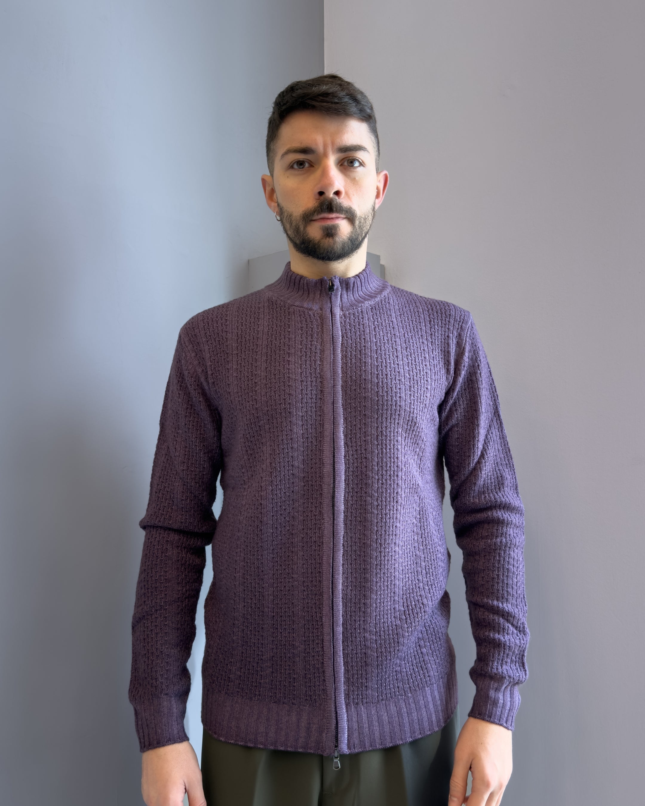 Cardigan Linz in lana merinos  con cerniera vestibilità regular VIOLA