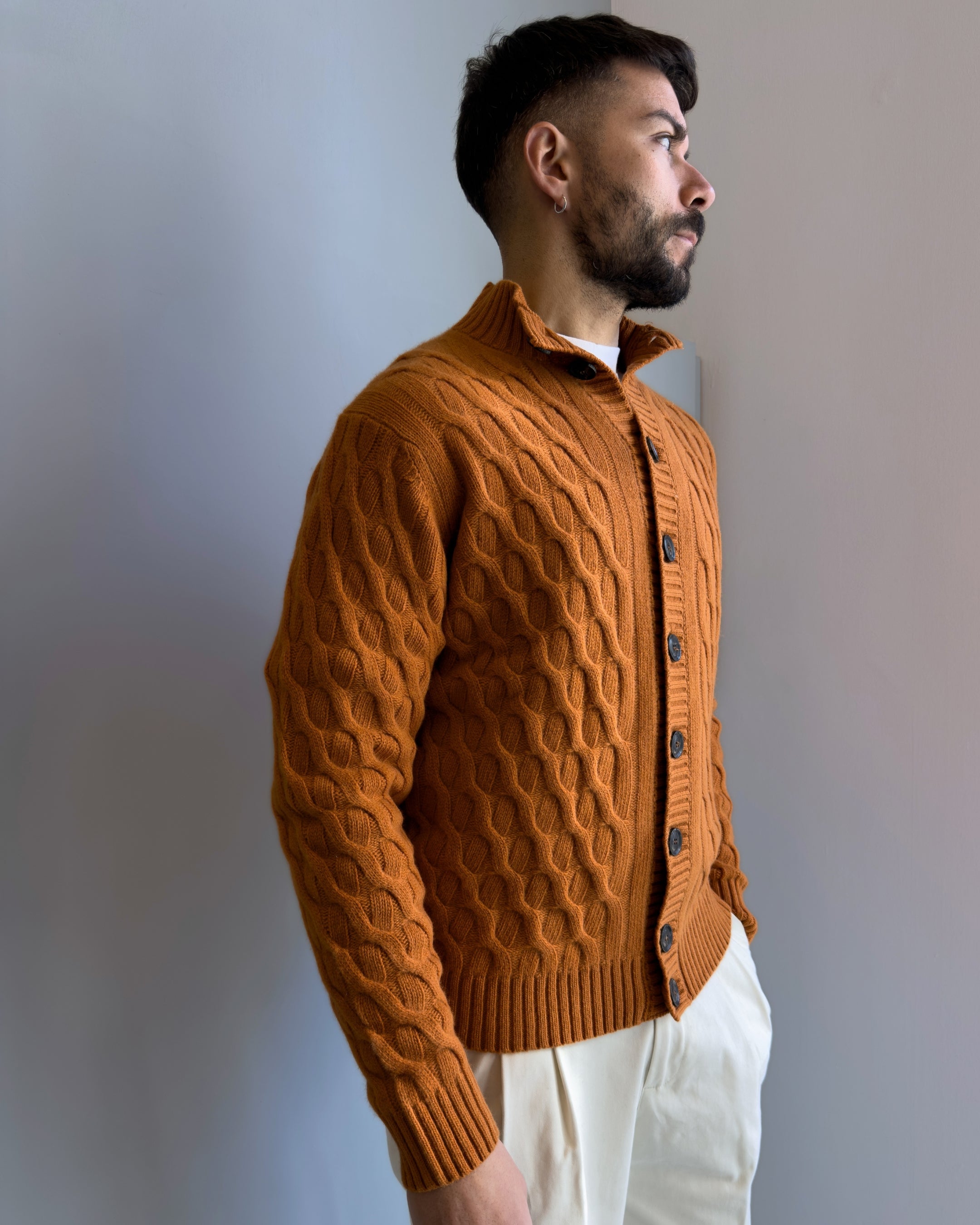 Cardigan  Boras a trecce con collo alta lana & cashmere vestbilità regular ARANCIO