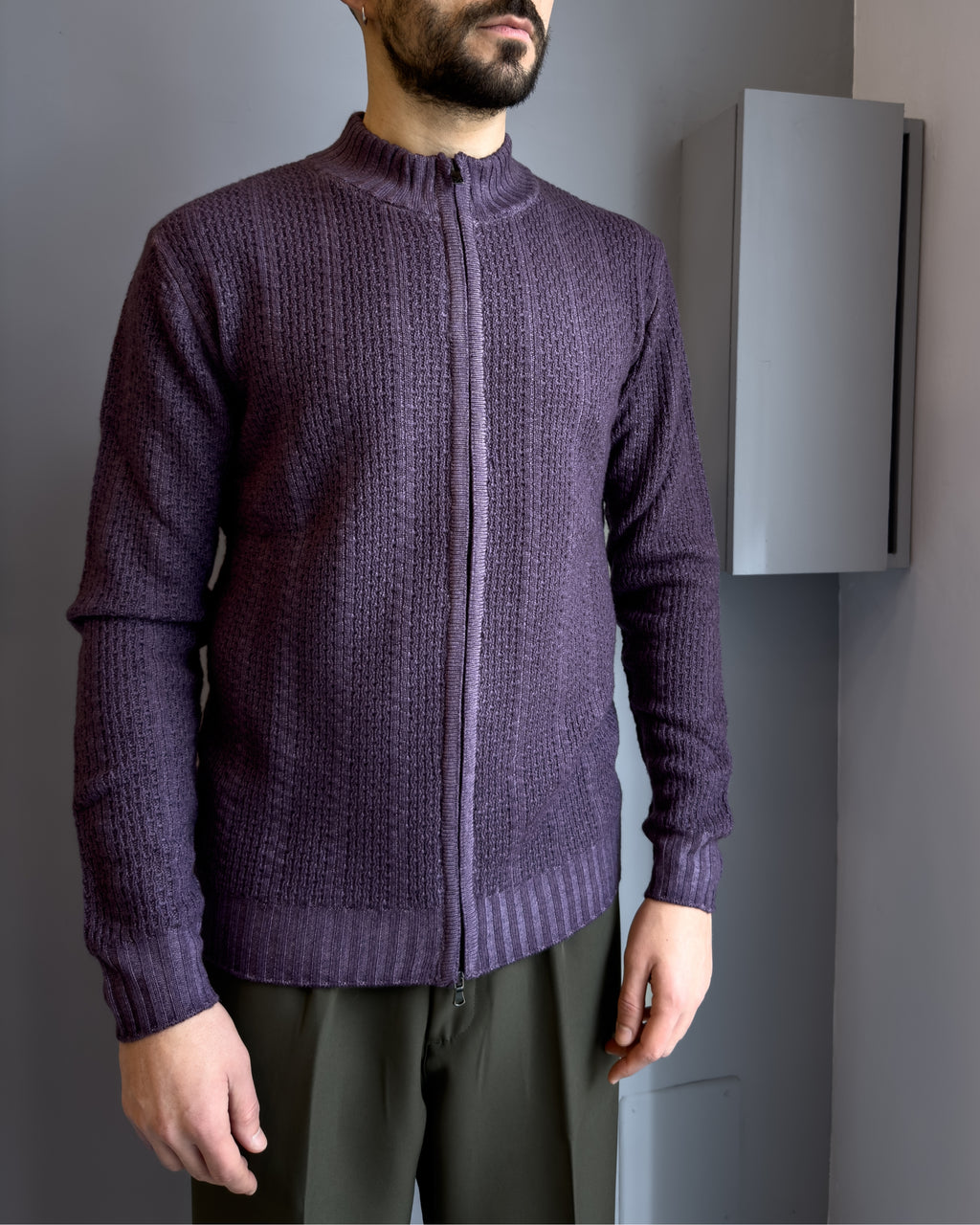 Cardigan Linz in lana merinos  con cerniera vestibilità regular VIOLA