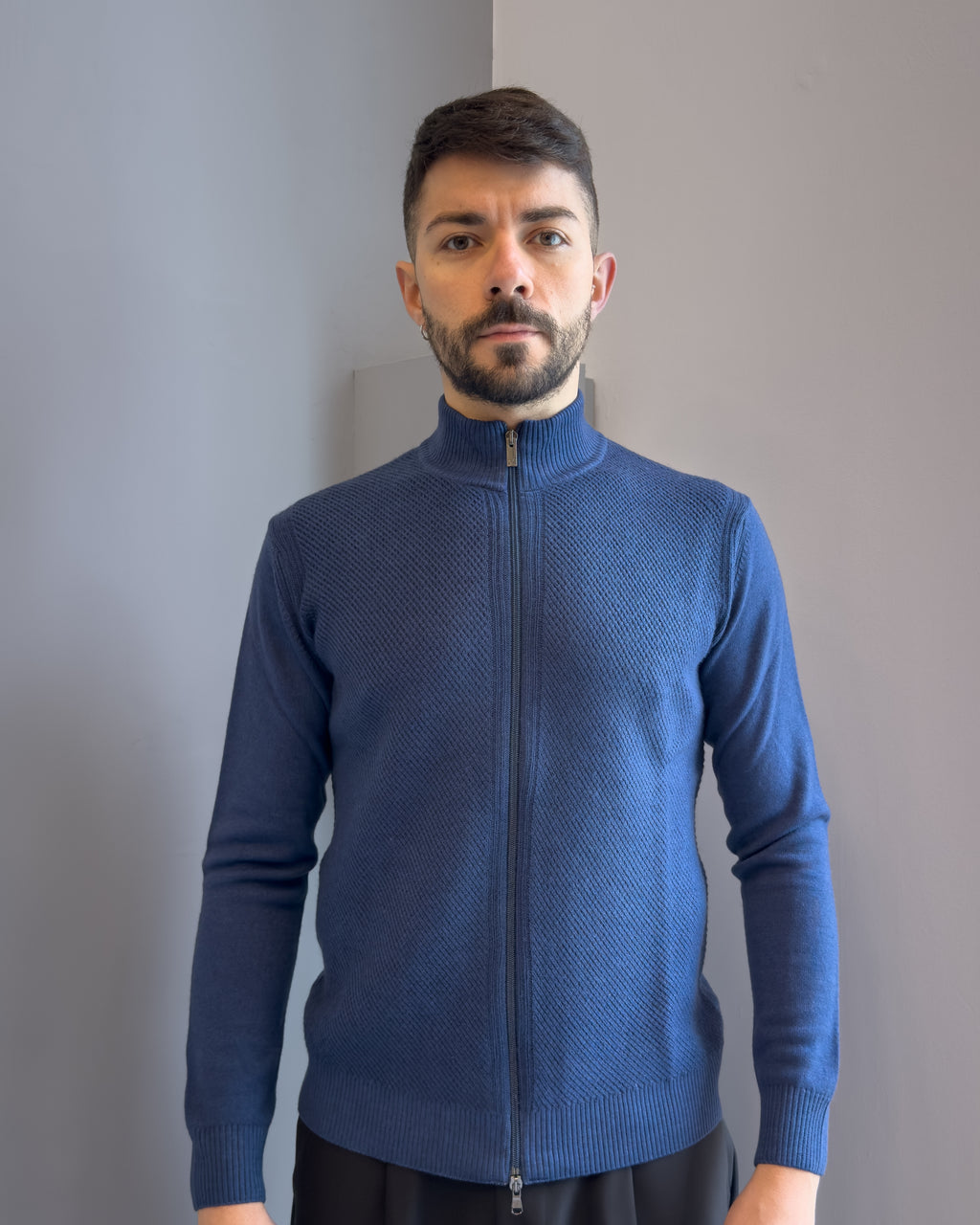 Cardigan Linz in lana merinos  con cerniera vestibilità regular NAVY