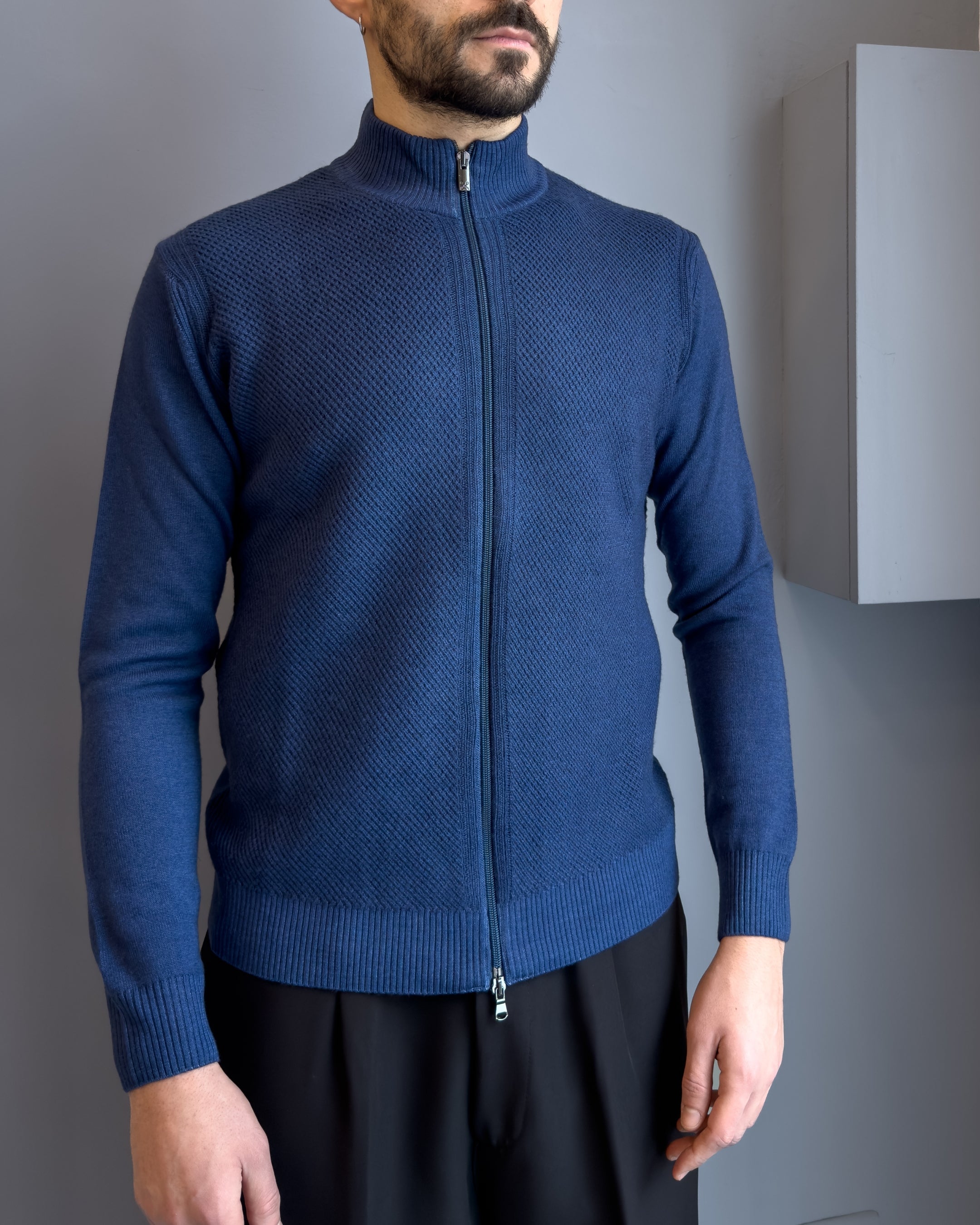 Cardigan Linz in lana merinos  con cerniera vestibilità regular NAVY