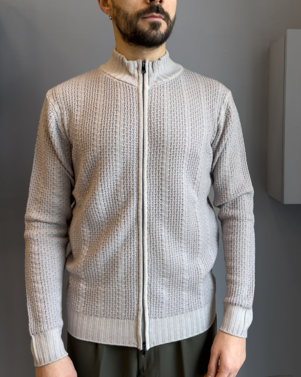 Cardigan Linz in lana merinos  con cerniera vestibilità regular SILVER