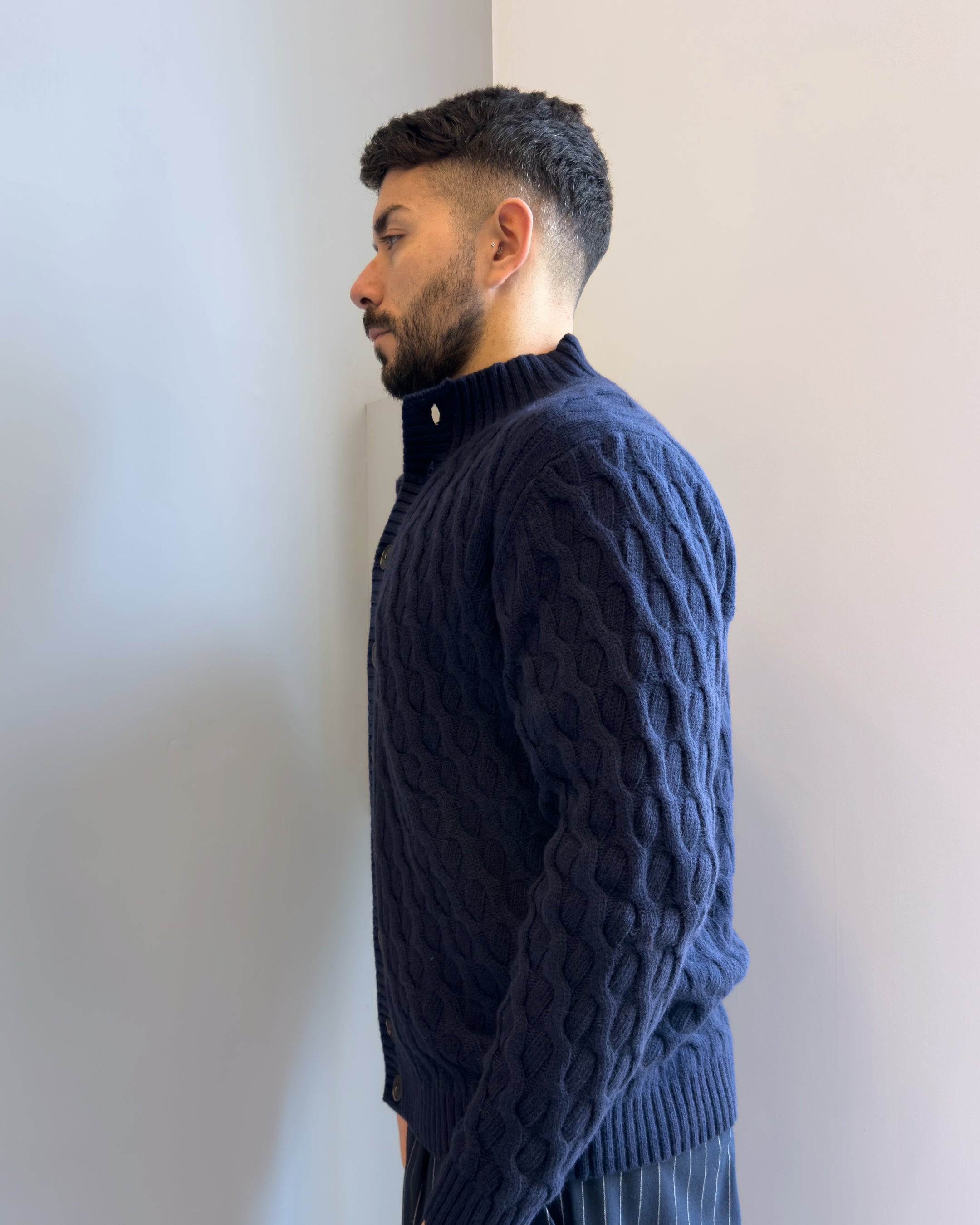 Cardigan  Boras a trecce con collo alta lana & cashmere vestbilità regular BLU