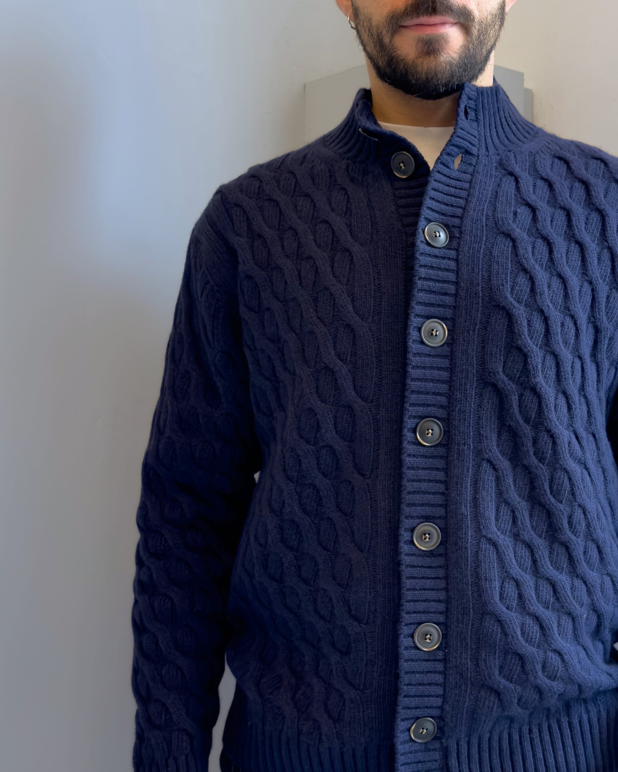 Cardigan  Boras a trecce con collo alta lana & cashmere vestbilità regular BLU